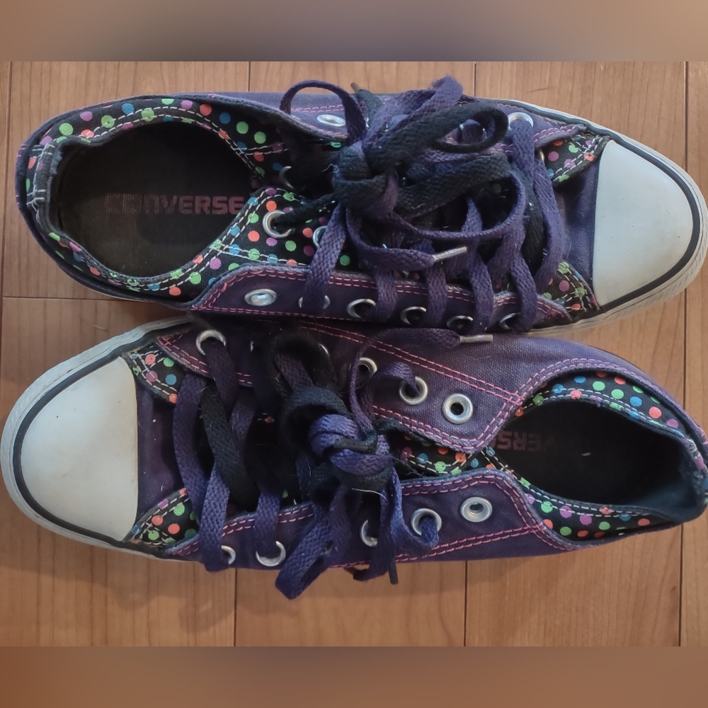Converse All Star Purple Shoes with polka dot accents sz 8.5 Double Tongue & Dou